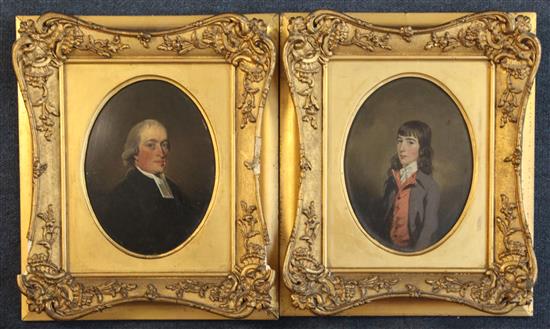 Early 19th century English School Portrait of Rev J. Bourne and companion piece, Rev John Clarke as a Boy, ovals, 6.75 x 5in.